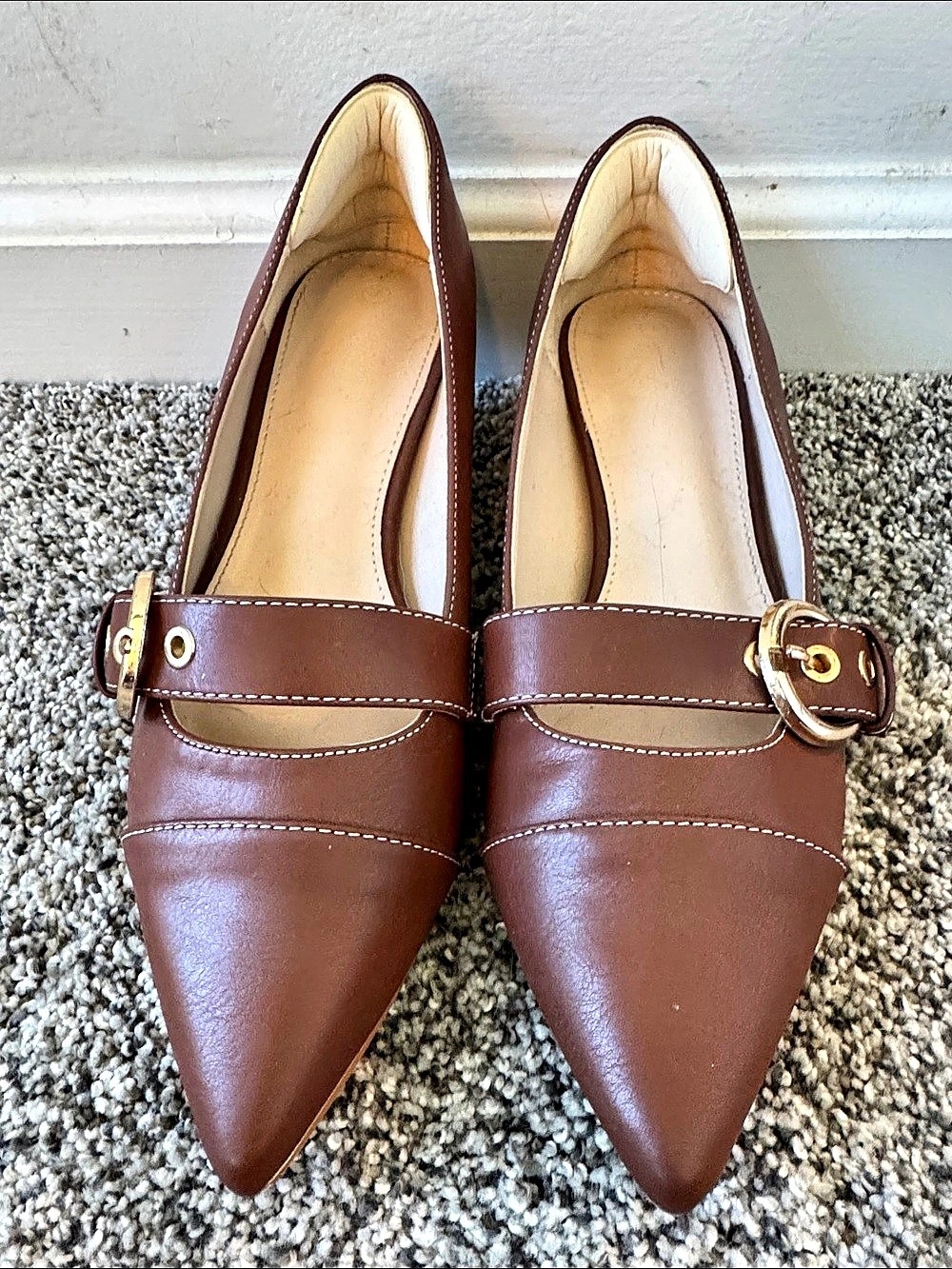Brown Pointed-Toe Buckle Heels